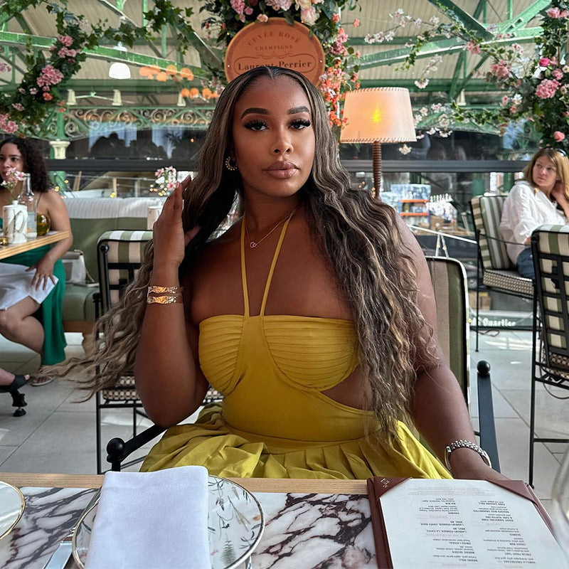 Women Clothing Autumn Sweet Fresh Halter Tube Top Backless High Waist Short Dress Puffy dress Bella Mia